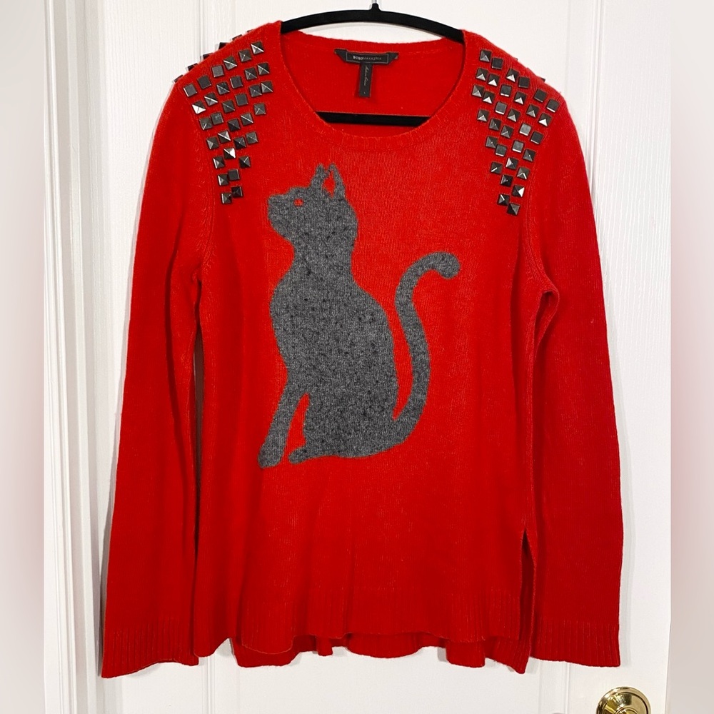 BCBGMaxAzria CAT Stud Shoulder Lambswool Blend Knit Sweater Red Gray Size Large